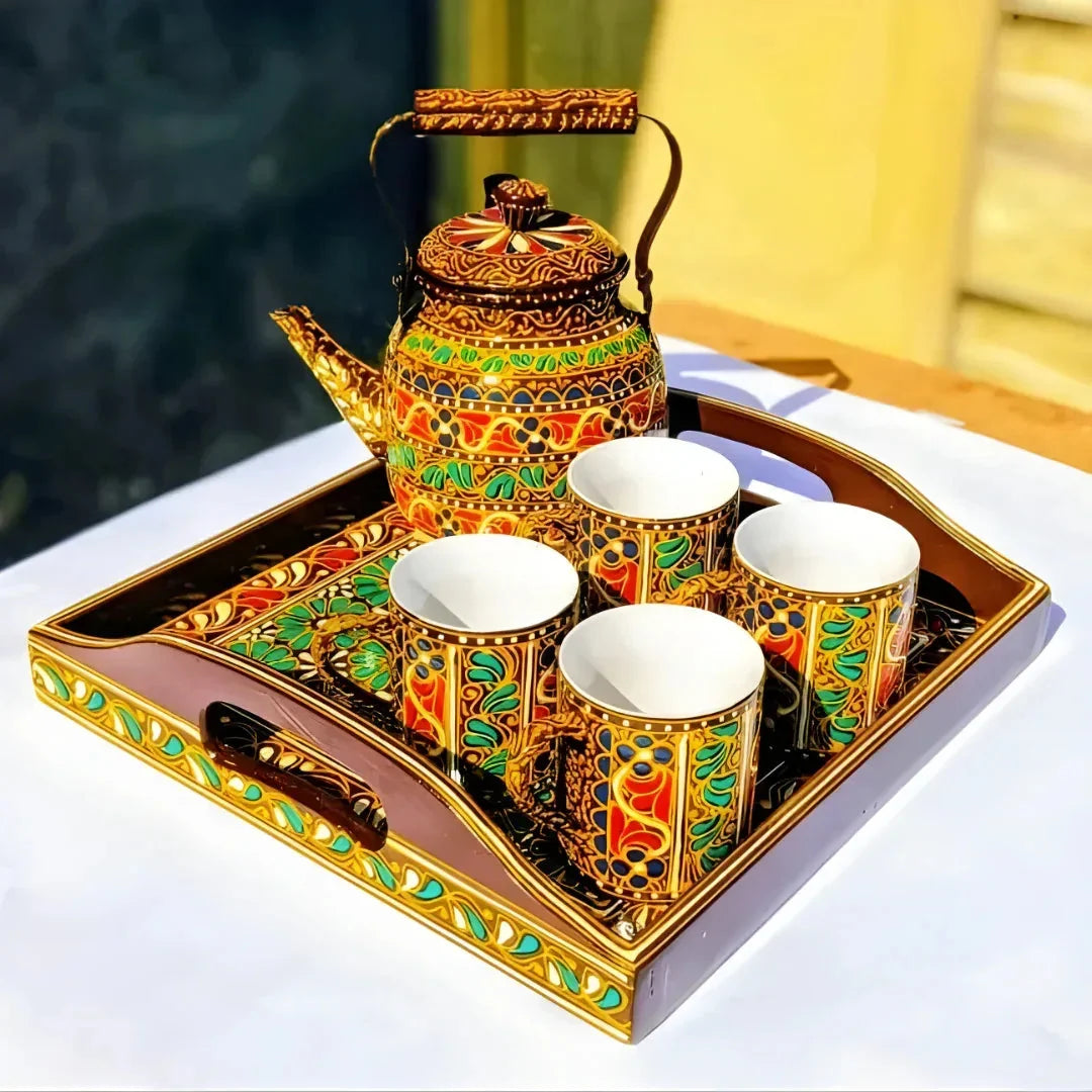 Hand-Painted Swati Art Tea Set | Metal Kettle, Wooden Tray & 4 Ceramic Tea Cups