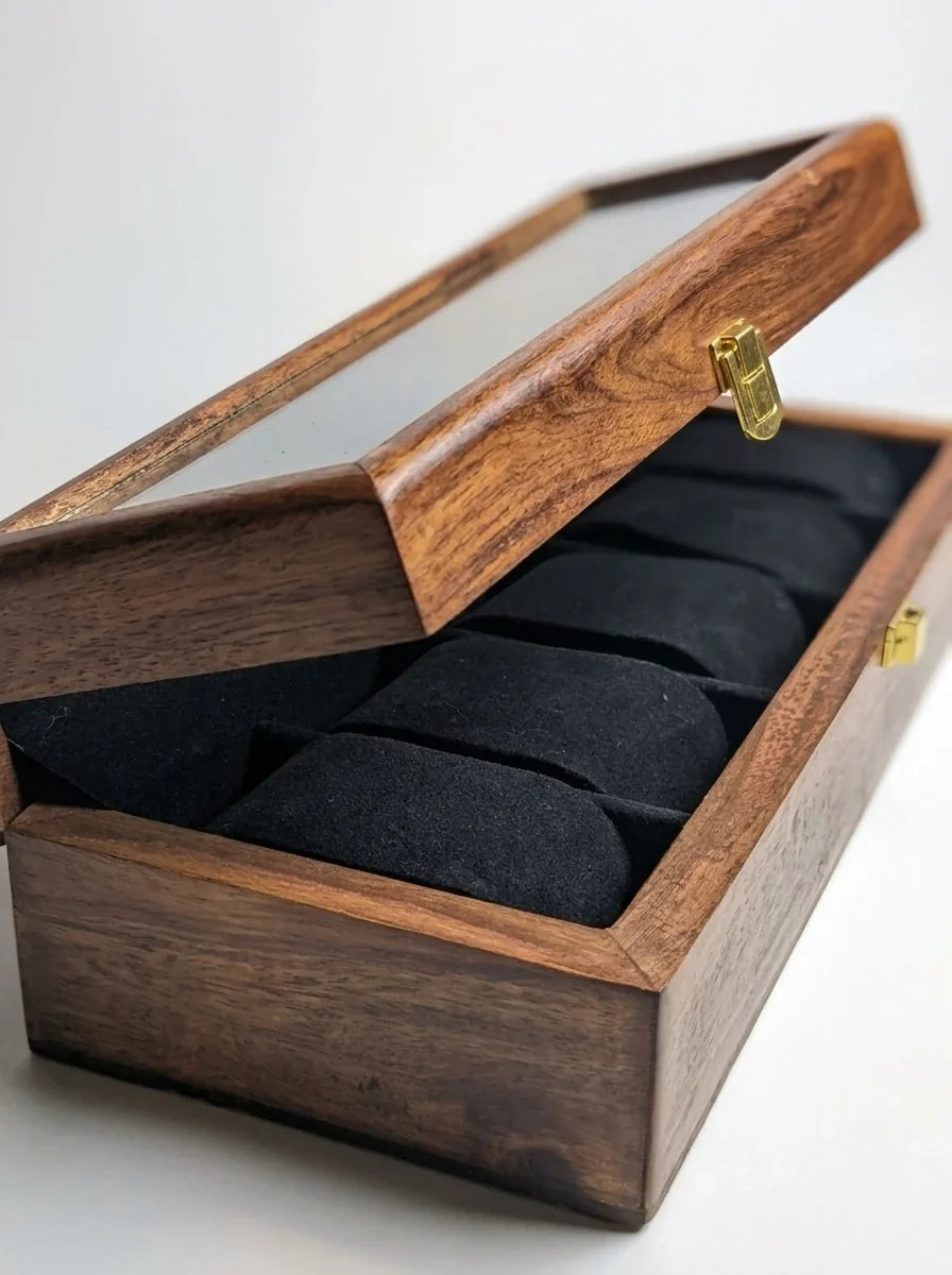 Handcrafted Wooden Watch Box 5 Slots | Glass Lid, Shape-Holding Cushions | Sheesham Wood