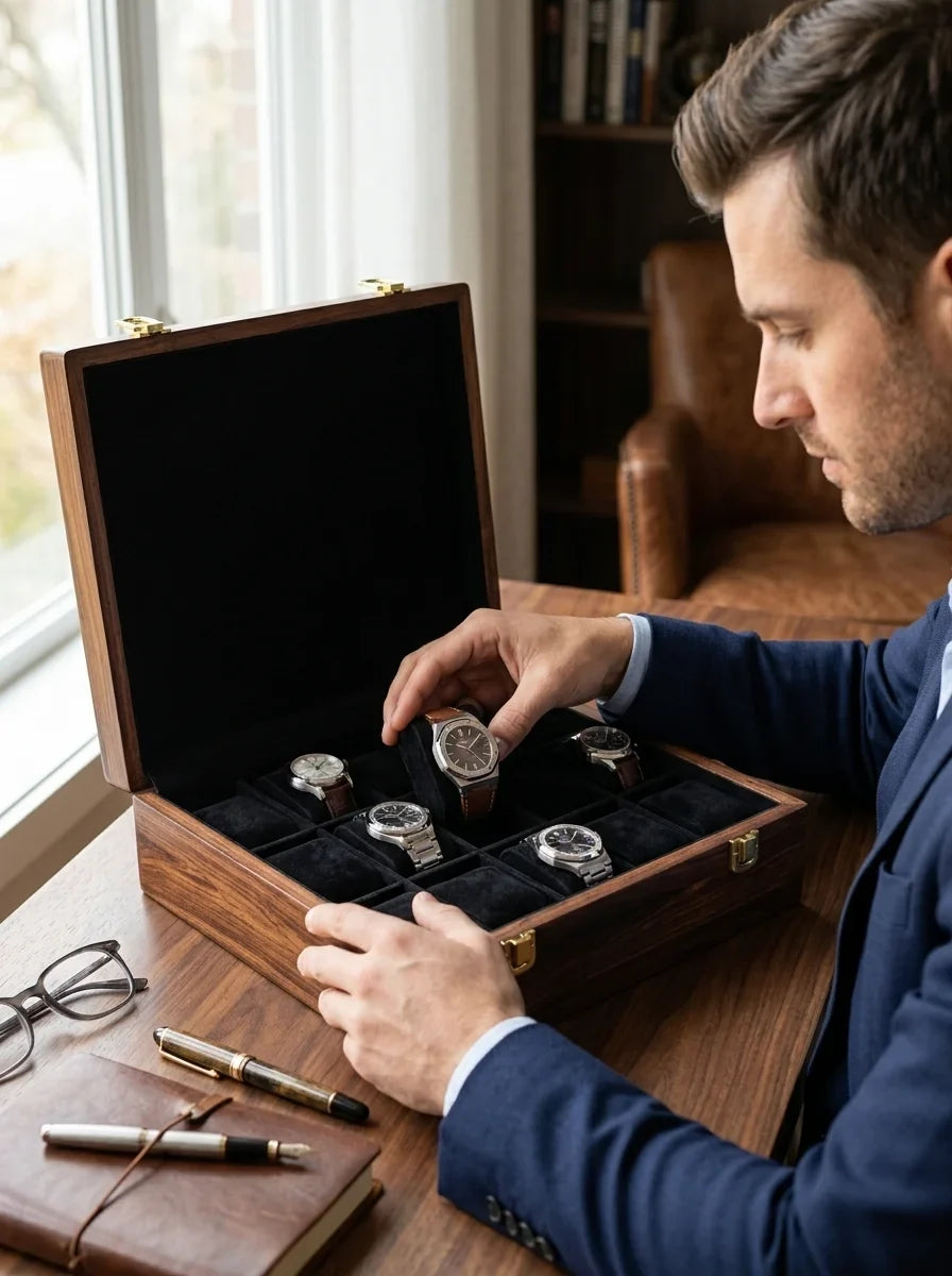 Handcrafted Wooden Watch Box | Plain Top, Plain Design, Shape-Holding Cushions, 15 Watches