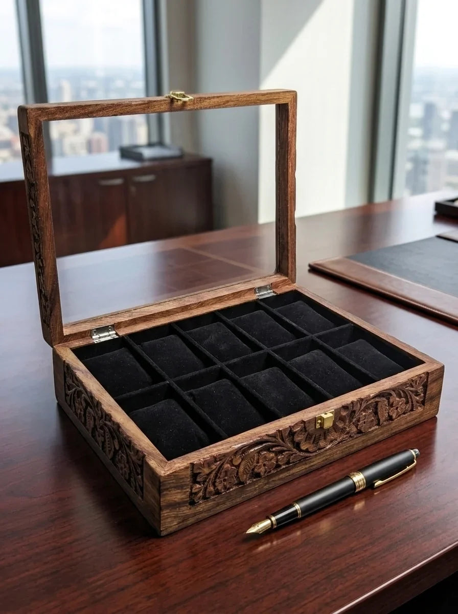 Handcrafted Wooden Watch Box 10 Slots | Glass Lid, Carved Design, Soft Velvet Cushions | Sheesham Wood