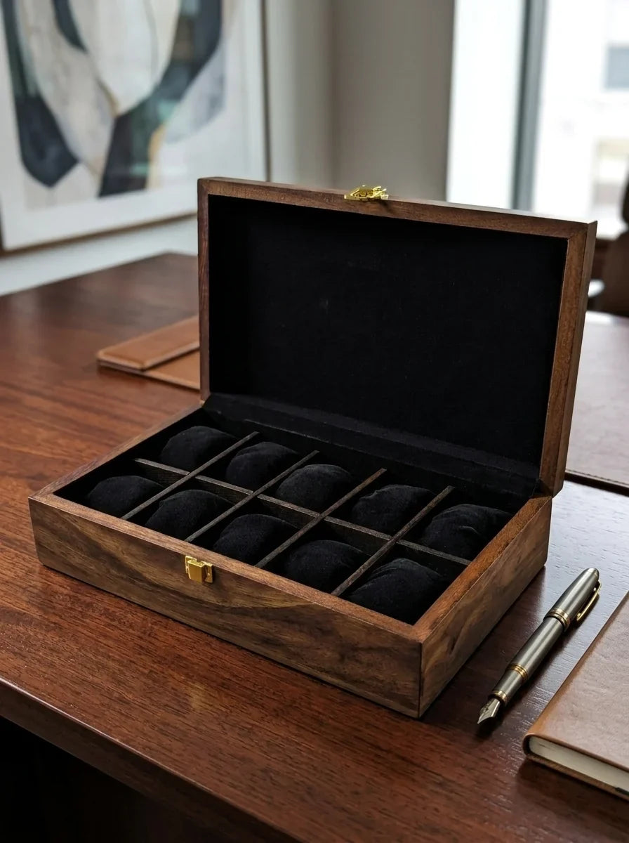 Handcrafted Wooden Watch Box, 10 Slots | Plain Top, Plain Design | Sheesham Wood