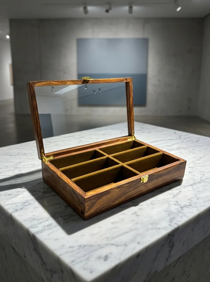 Handcrafted Wooden Sunglasses Organizer Box 6 Slots | Hand-Carved, Velvet Lined | Sheesham Wood