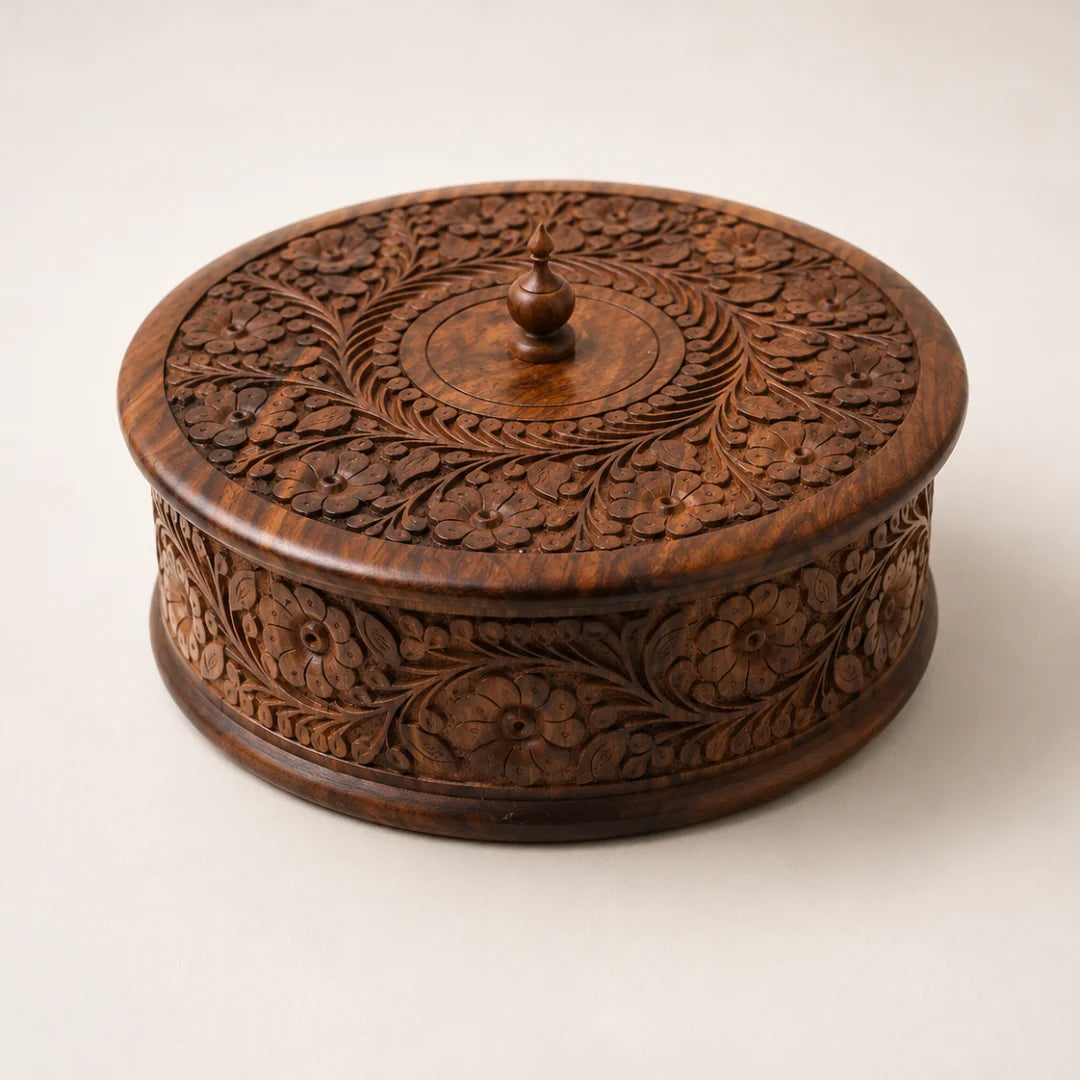 Handcrafted Wooden Chapati Hotpot — Hand-Carved Sheesham Wood, Keeps Rotis Warm