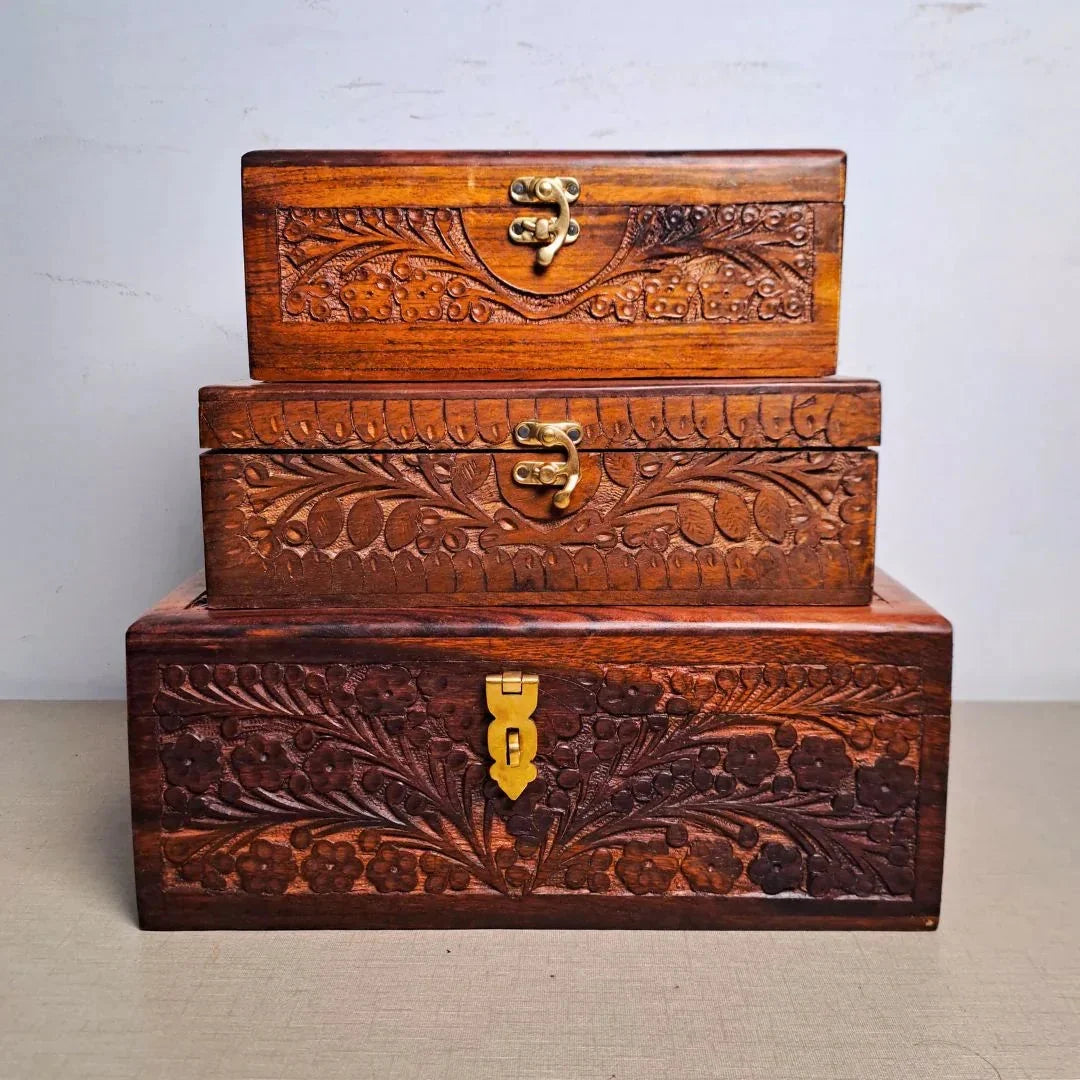 Set of 3 Hand Carved Wooden Jewelry Boxes - 6x9", 7x10", and 8x12"