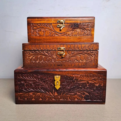 Set of 3 Hand Carved Wooden Jewelry Boxes - 6x9", 7x10", and 8x12"