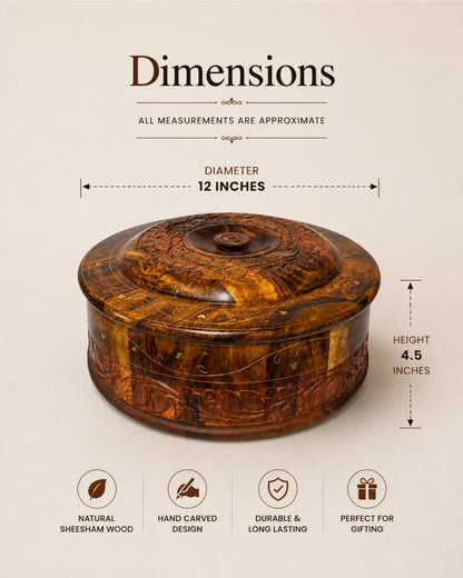Handcrafted Wooden Chapati Hotpot — Hand-Carved Design with Brass Inlay Artwork