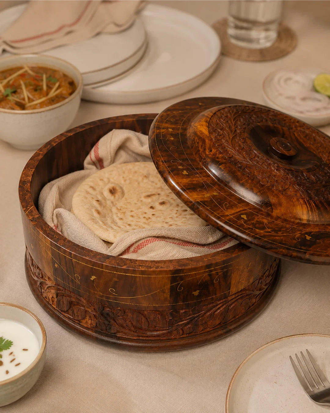 Handcrafted Wooden Chapati Hotpot — Hand-Carved Design with Brass Inlay Artwork