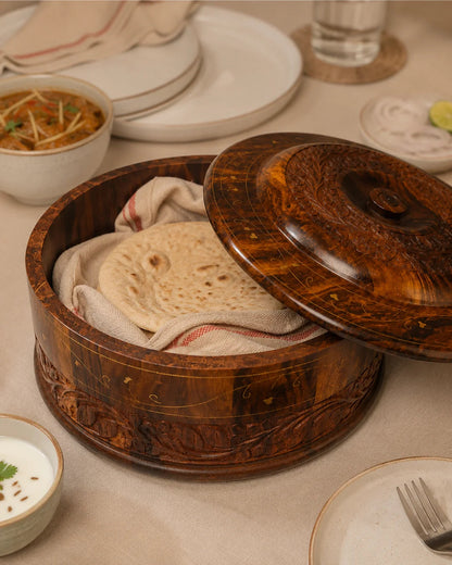 Handcrafted Wooden Chapati Hotpot — Hand-Carved Design with Brass Inlay Artwork