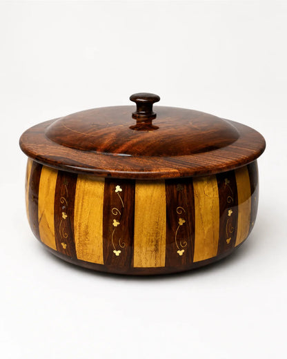 Handcrafted Wooden Striped Chapati Hotpot — Bold Stripe Pattern with Real Brass Artistry