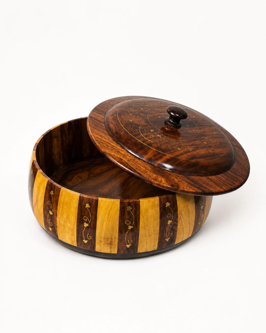 Handcrafted Wooden Striped Chapati Hotpot — Bold Stripe Pattern with Real Brass Artistry