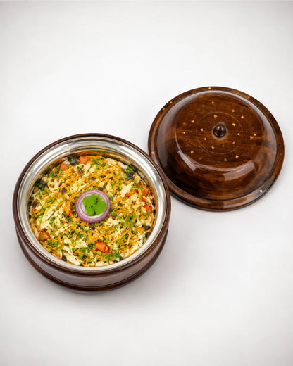 Rustic Handcrafted Wooden Hotpot — Intricate Brass Artistry on Sheesham Wood