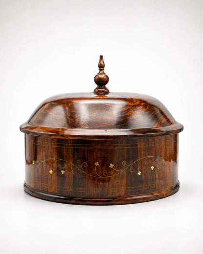 Rustic Handcrafted Wooden Hotpot — Intricate Brass Artistry on Sheesham Wood