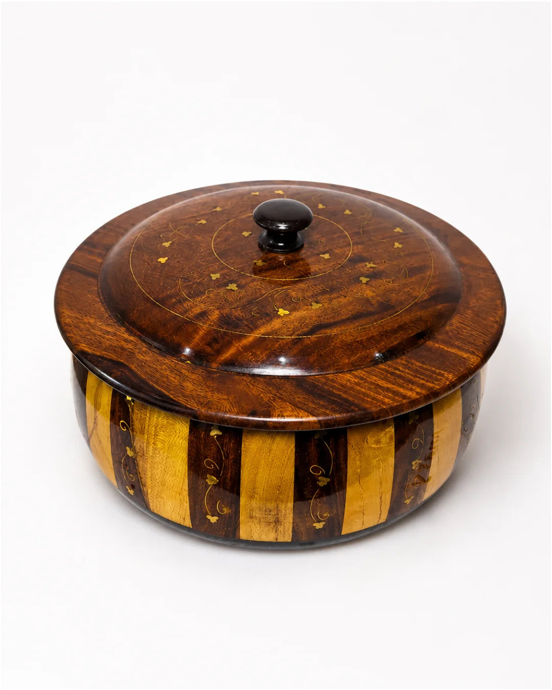 Handcrafted Wooden Striped Chapati Hotpot — Bold Stripe Pattern with Real Brass Artistry