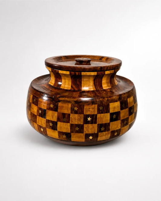 Handcrafted Wooden Daig-Style Hotpot — Checkered Pattern, Deeper Capacity for Large Families