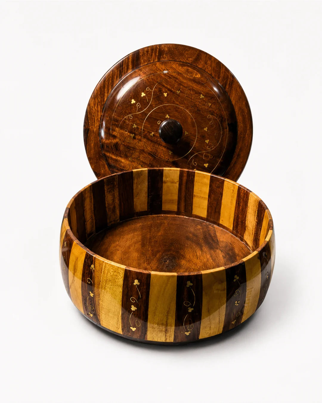 Handcrafted Wooden Striped Chapati Hotpot — Bold Stripe Pattern with Real Brass Artistry