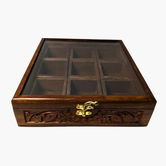 9 Portion Wooden Carved Spice Storage