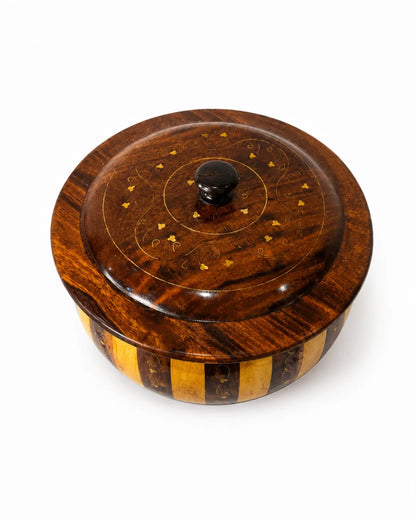Handcrafted Wooden Striped Chapati Hotpot — Bold Stripe Pattern with Real Brass Artistry