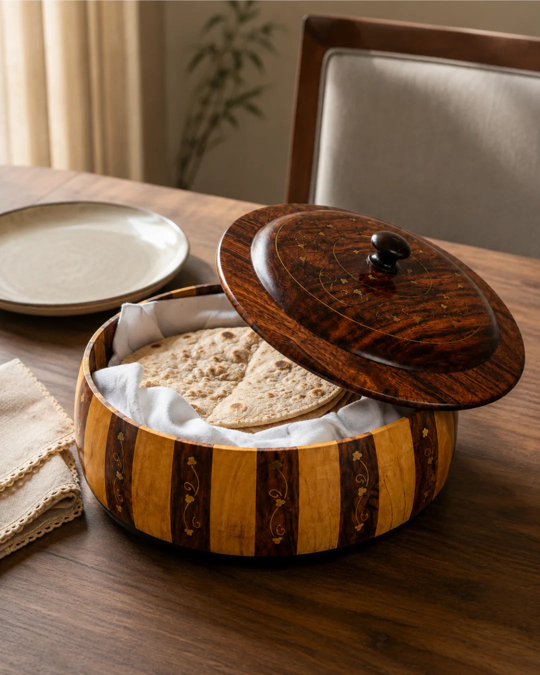 Handcrafted Wooden Striped Chapati Hotpot — Bold Stripe Pattern with Real Brass Artistry