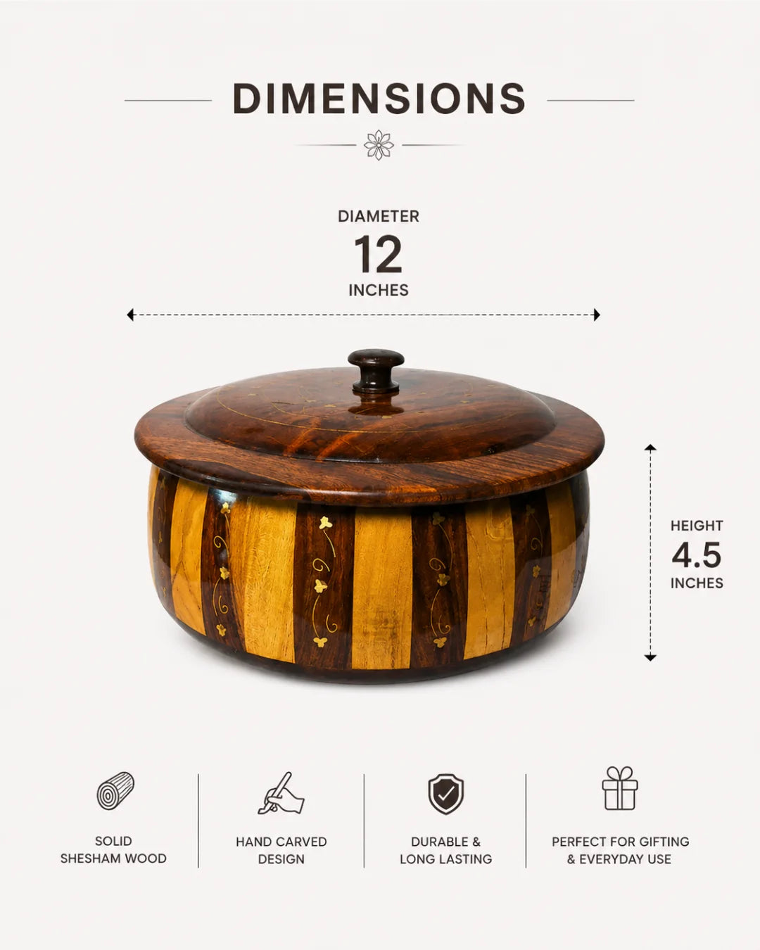 Handcrafted Wooden Striped Chapati Hotpot — Bold Stripe Pattern with Real Brass Artistry