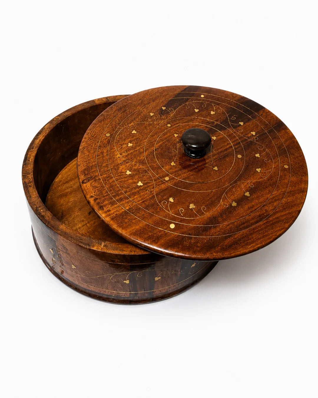 Handcrafted Wooden Chapati Hotpot — Real Brass Artwork on Sheesham Wood