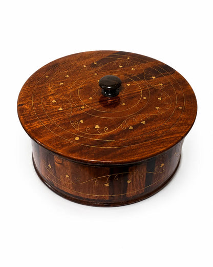 Handcrafted Wooden Chapati Hotpot — Real Brass Artwork on Sheesham Wood