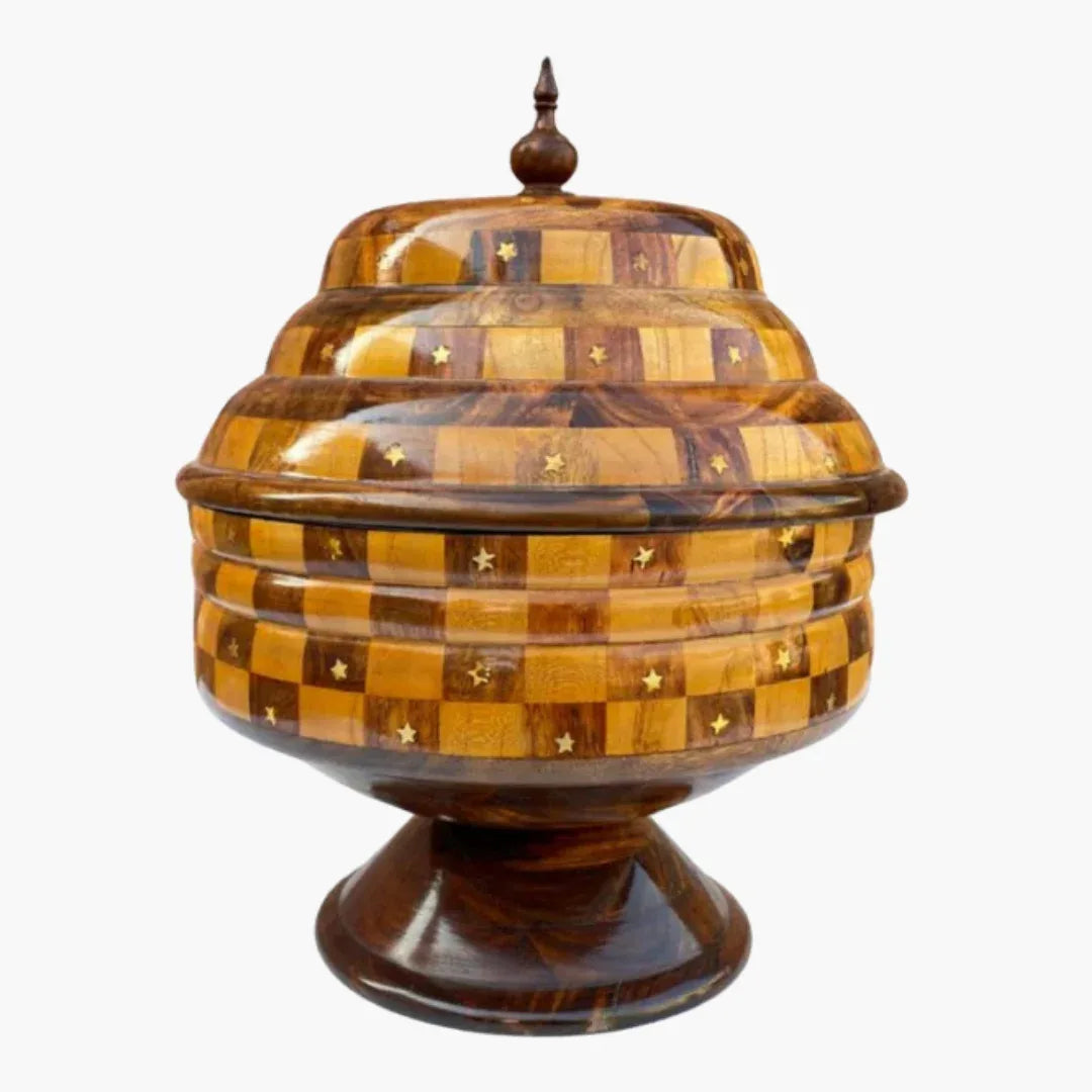 Colossal Wooden Hotpot — Bold Checkered Pattern with Real Brass Artistry