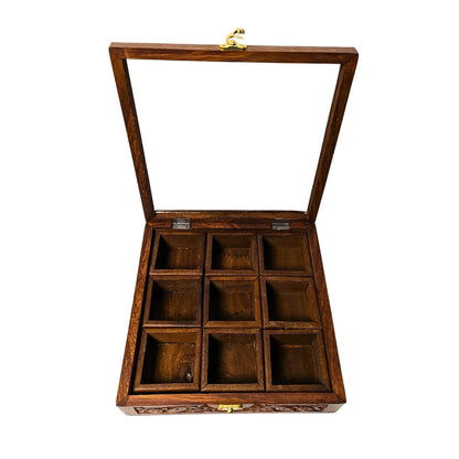 9 Portion Wooden Carved Spice Storage