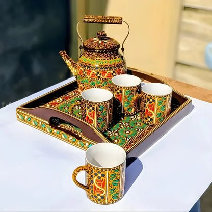 Hand-Painted Swati Art Tea Set | Metal Kettle, Wooden Tray & 4 Ceramic Tea Cups
