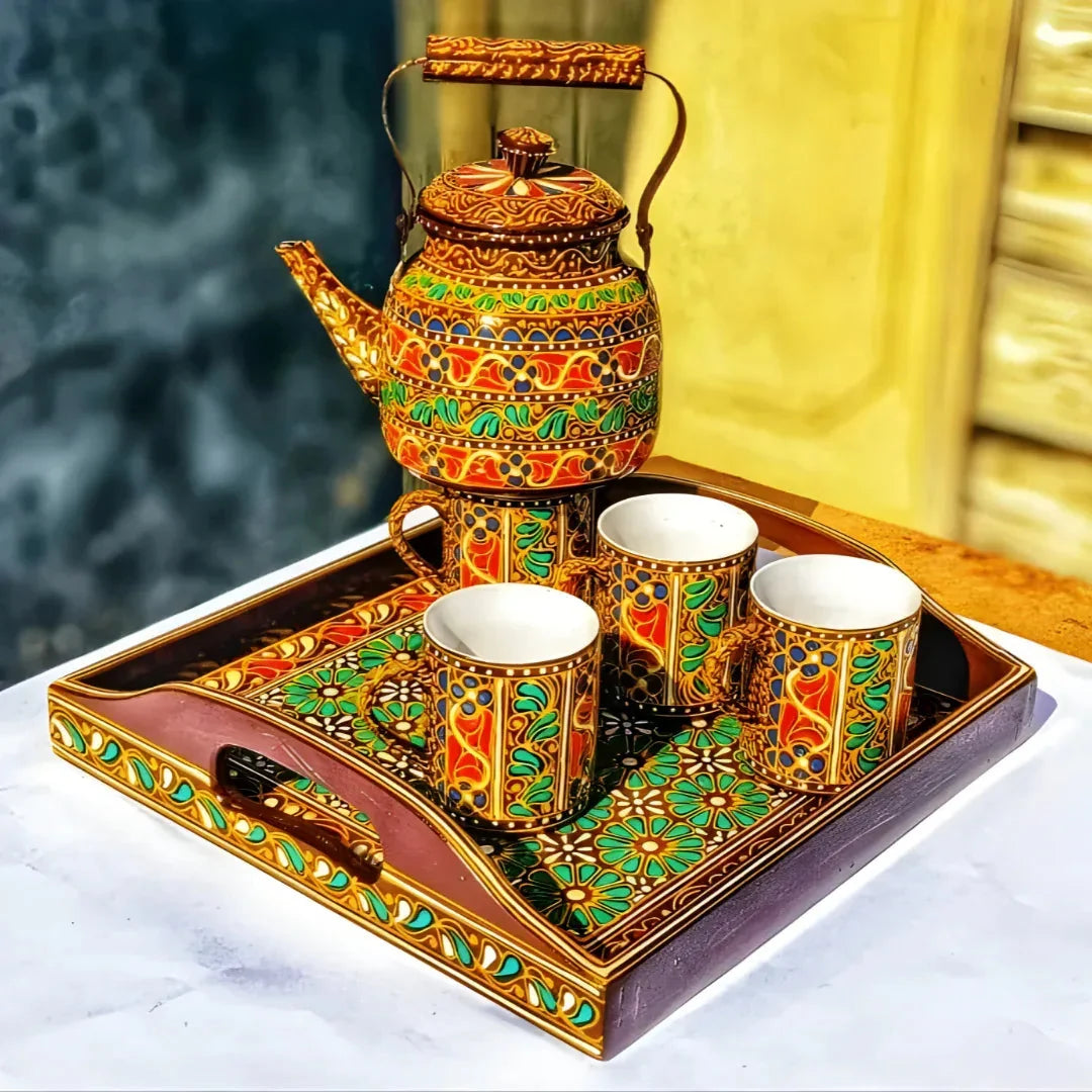 Hand-Painted Swati Art Tea Set | Metal Kettle, Wooden Tray & 4 Ceramic Tea Cups