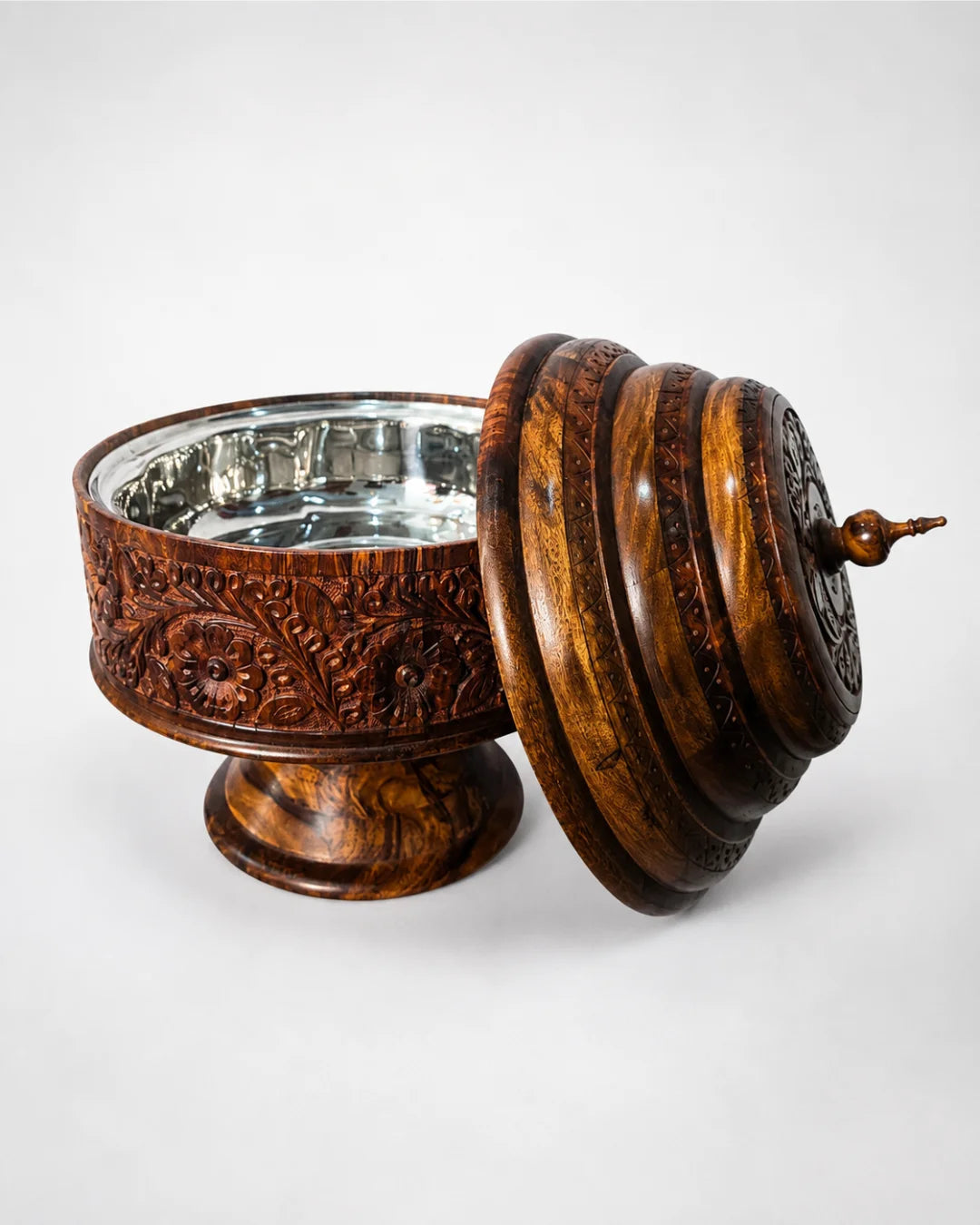 Colossal Wooden Hotpot — Hand-Carved Sheesham Wood with Stainless Steel Inner Bowl