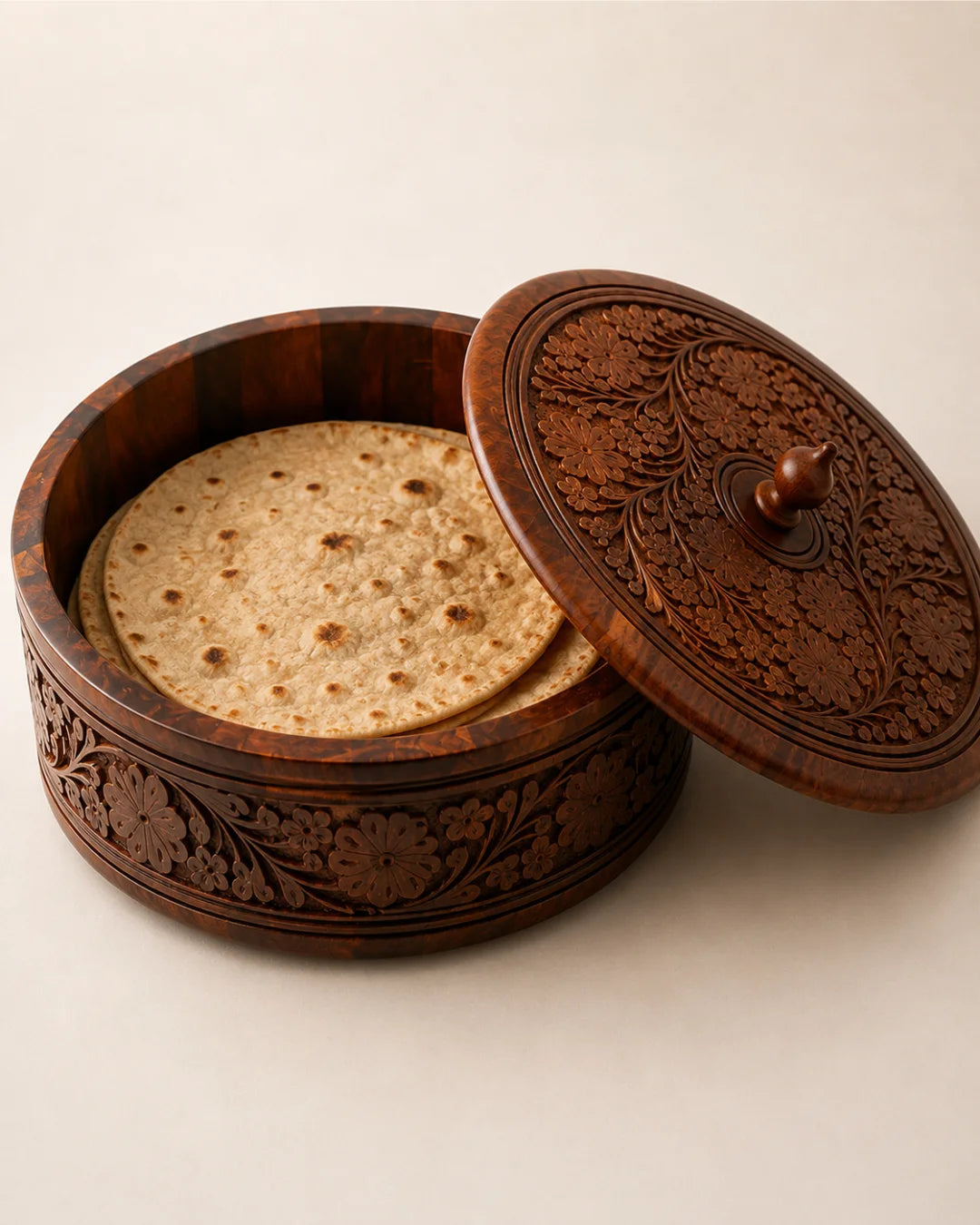 Handcrafted Wooden Chapati Hotpot — Hand-Carved Sheesham Wood, Keeps Rotis Warm
