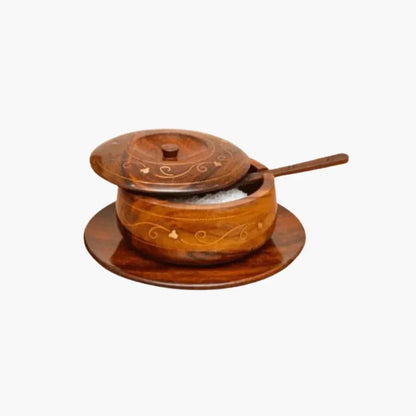 Wooden Sugar Pot with Brass Engraving
