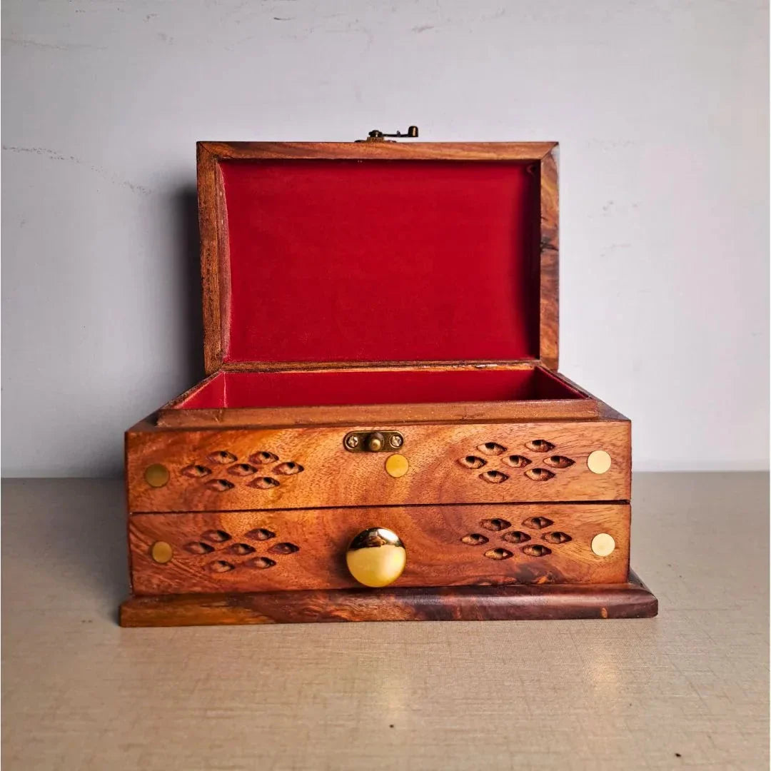 Hand-Carved Shesham Wood Jewelry Box with Drawer - 7x10 Inches