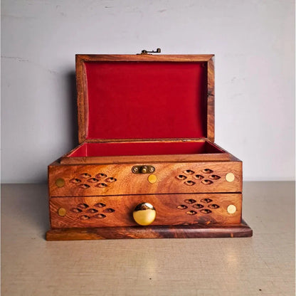 Hand-Carved Shesham Wood Jewelry Box with Drawer - 7x10 Inches