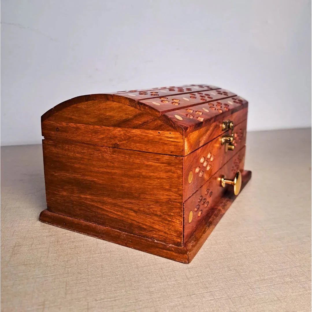 Hand-Carved Shesham Wood Jewelry Box with Drawer - 7x10 Inches