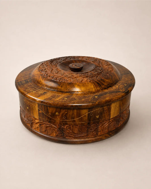 Handcrafted Wooden Chapati Hotpot — Hand-Carved Design with Brass Inlay Artwork