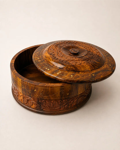 Handcrafted Wooden Chapati Hotpot — Hand-Carved Design with Brass Inlay Artwork