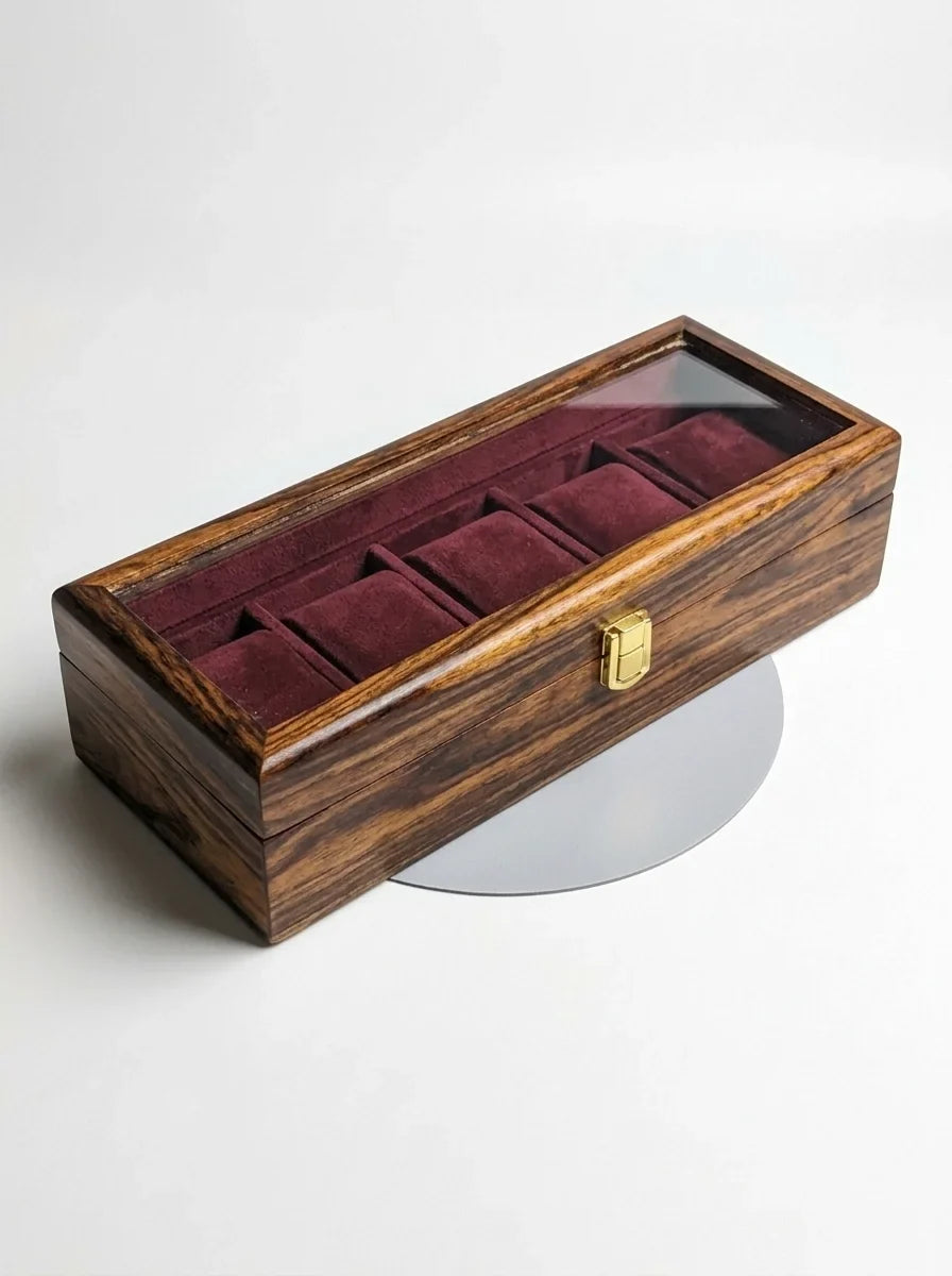 Handcrafted Sheesham Wood Watch Box with Glass Lid | Organizer for 5 Watches