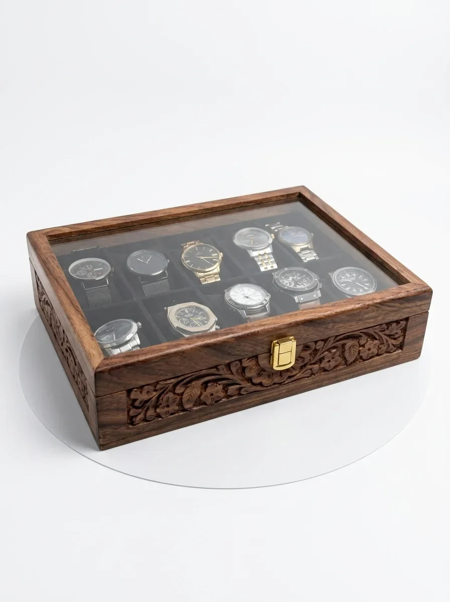 Handcrafted Wooden Watch Box 10 Slots | Glass Lid, Carved Design, Soft Velvet Cushions | Sheesham Wood