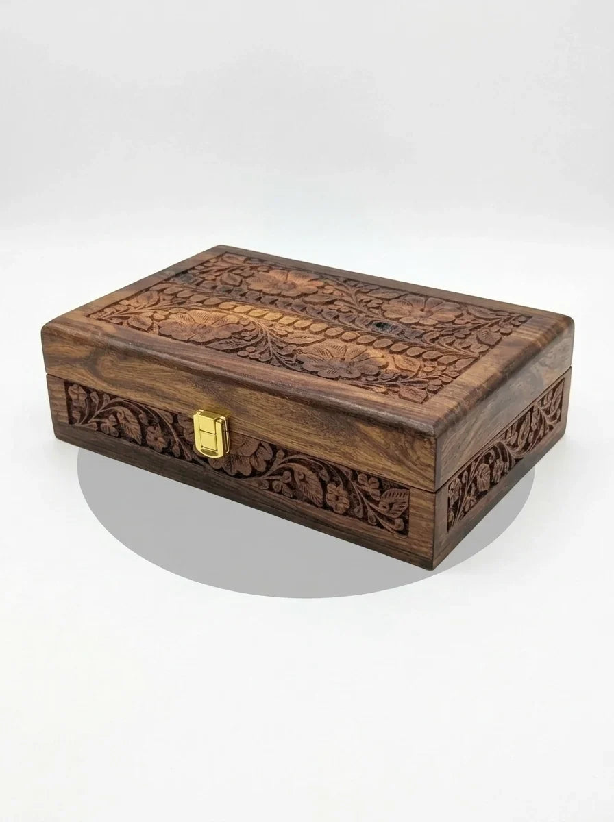 Handcrafted Wooden Watch Box 10 Slots | All-Around Carved | Soft Velvet | Sheesham Wood