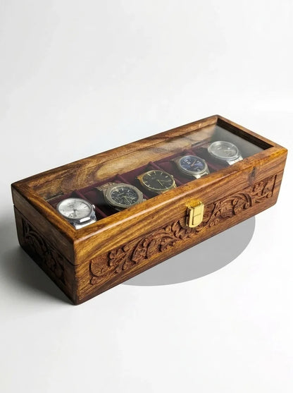 Handcrafted Wooden Watch Box 5 Slots | All-Around Carved | Soft Velvet | Sheesham Wood