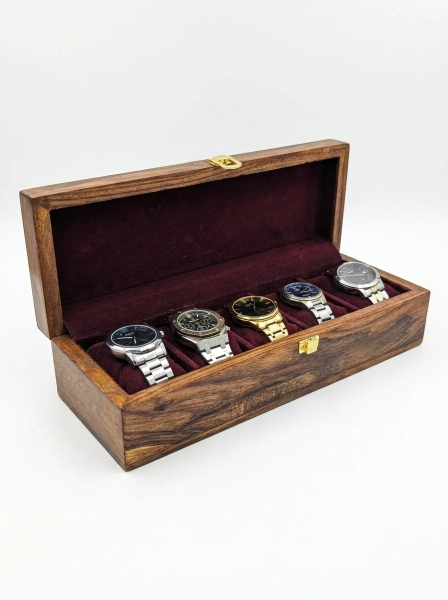 Handcrafted Wooden Watch Box 5 Slots | Plain Design | Sheesham Wood