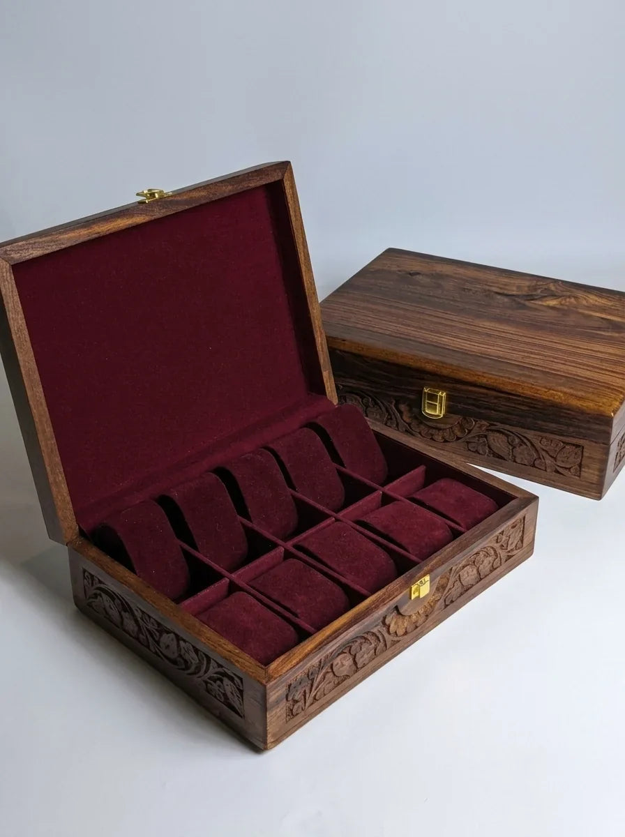 Handcrafted Wooden Watch Box | Plain Top, Carved Sides, Shape-Holding Cushions, 10 Watches