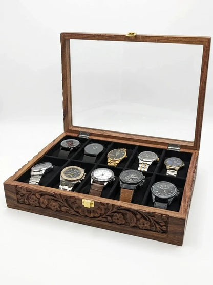 Handcrafted Wooden Watch Box 10 Slots | Glass Lid, Carved Design, Soft Velvet Cushions | Sheesham Wood