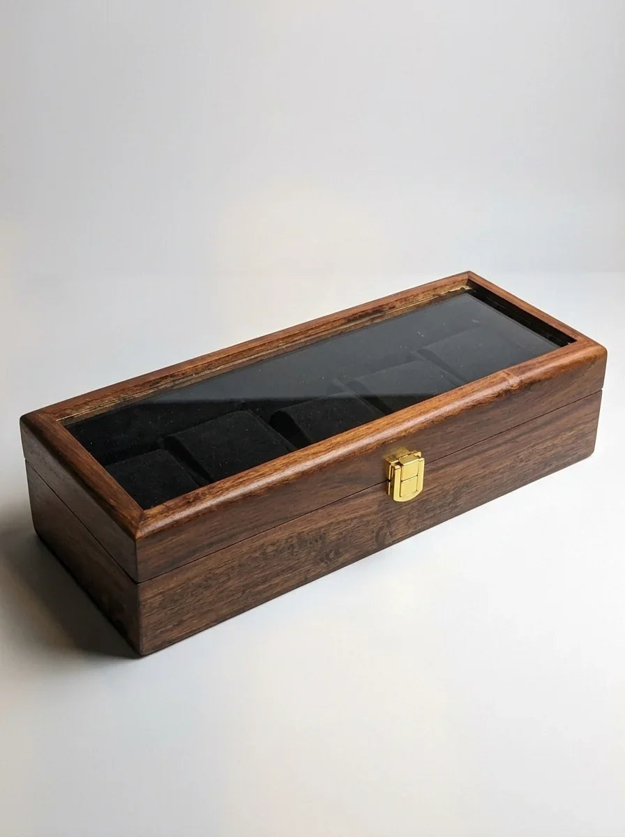 Handcrafted Wooden Watch Box 5 Slots | Glass Lid, Shape-Holding Cushions | Sheesham Wood