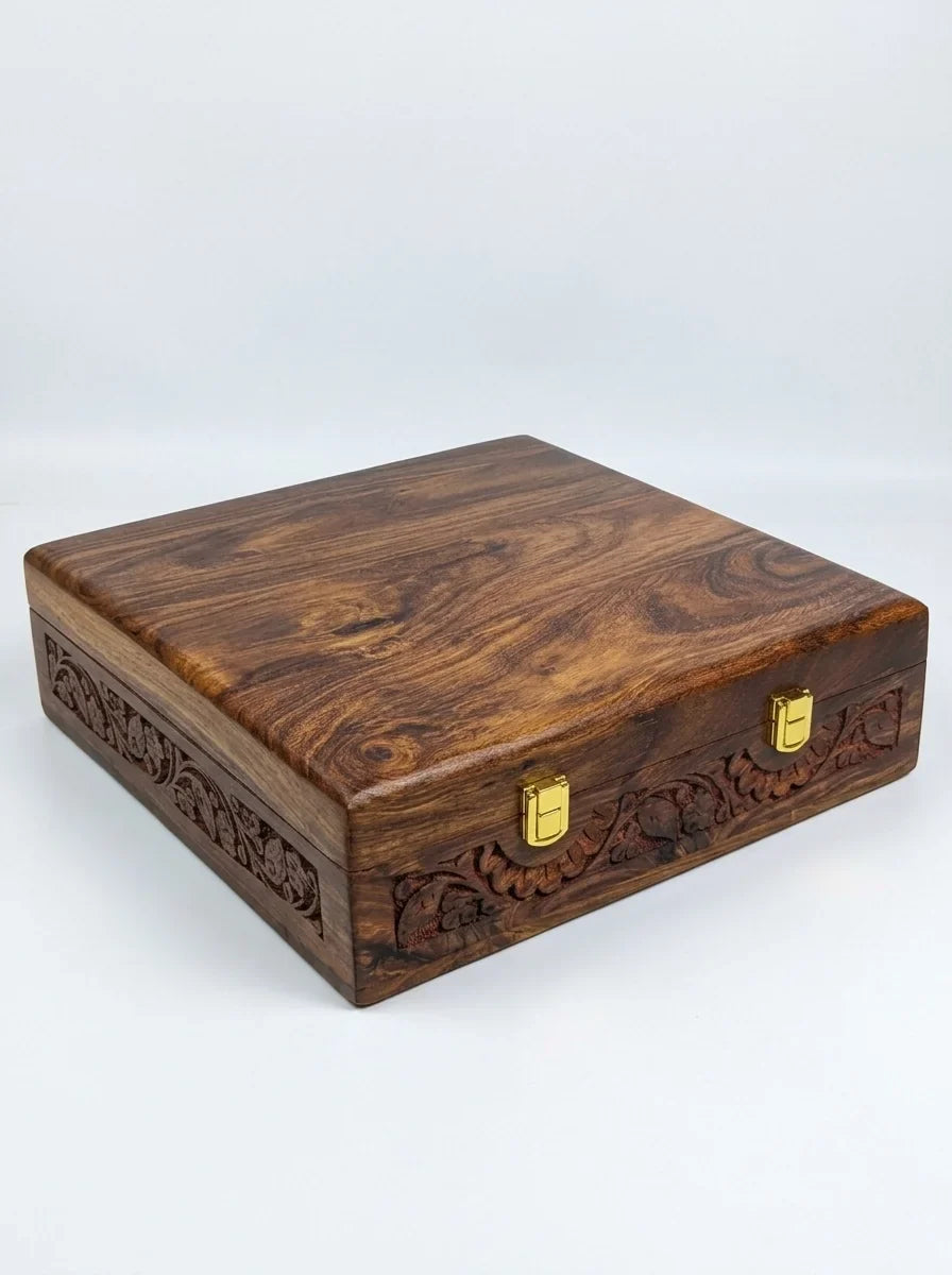 Handcrafted Wooden Watch Box | Plain Top, Carved Sides, Shape-Holding Cushions, 15 Watches