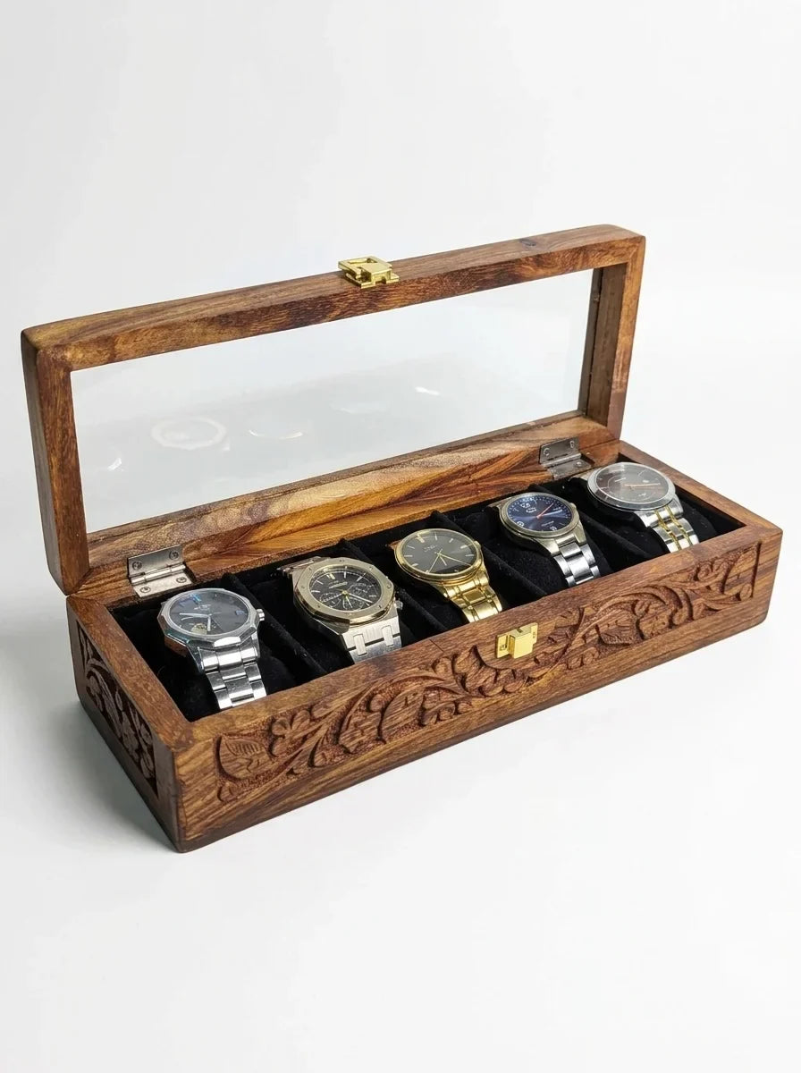 Handcrafted Wooden Watch Box 5 Slots | All-Around Carved | Soft Velvet | Sheesham Wood