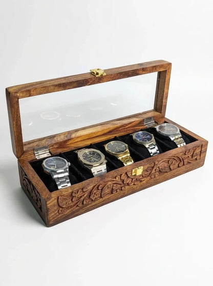 Handcrafted Wooden Watch Box 5 Slots | All-Around Carved | Soft Velvet | Sheesham Wood