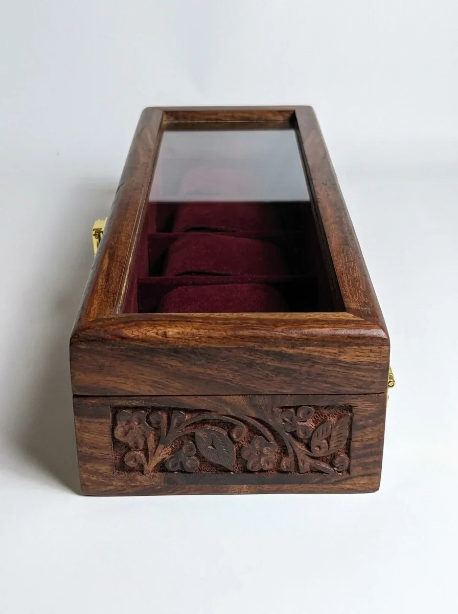 Handcrafted Wooden Watch Box | Glass Lid, Hand-Carved Panels, Shape-Holding Cushions, 5 Watches