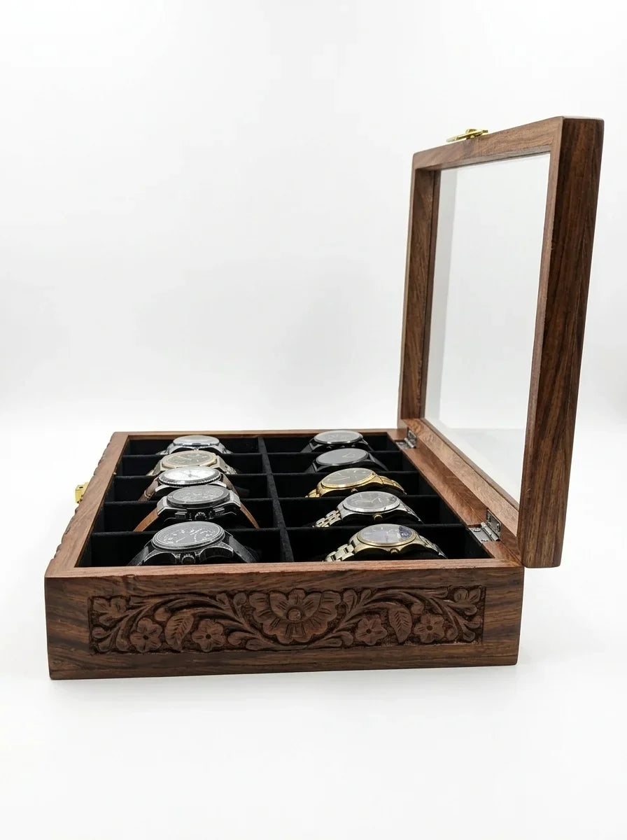 Handcrafted Wooden Watch Box 10 Slots | Glass Lid, Carved Design, Soft Velvet Cushions | Sheesham Wood